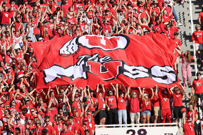 Sep 23, 2023; Salt Lake City, Utah, USA; The Mighty Utah Student Section (MUSS) during a moment of loudness between the third and fourth quarters against the UCLA Bruins at Rice-Eccles Stadium. Mandatory Credit: Rob Gray-USA TODAY Sports